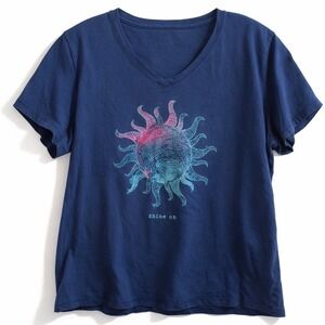 Life is Good Womens XL Navy Blue Shine On Sun Graphic V-Neck T-Shirt Classic Fit